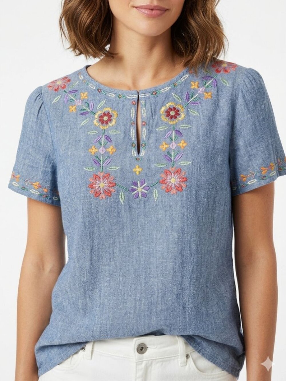 Boden Laura Embroidered Linen Chambray Top Blue Floral US 6 EUC
